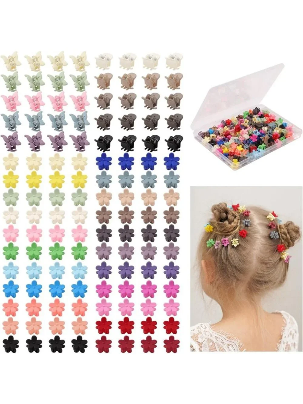 128pcs Mini Claw Hair Clips for Girls - Flower & Butterfly Barrettes with